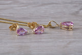Real Pink Sapphire Earrings and Necklace Set, Solid 9ct Yellow Gold