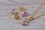 Real Pink Sapphire Earrings and Necklace Set, Solid 9ct Yellow Gold