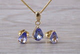 Real Tanzanite Earrings and Necklace Set, solid 9ct Yellow Gold