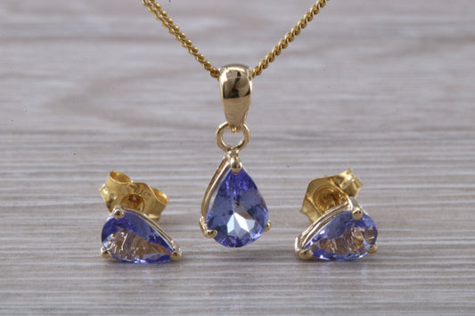 Real Tanzanite Earrings and Necklace Set, solid 9ct Yellow Gold