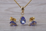 Real Tanzanite Earrings and Necklace Set, solid 9ct Yellow Gold