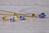 Real Tanzanite Earrings and Necklace Set, solid 9ct Yellow Gold