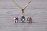 Real Tanzanite Earrings and Necklace Set, solid 9ct Yellow Gold