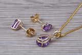Real Amethyst Earrings and Necklace Set, Solid 9ct Yellow Gold