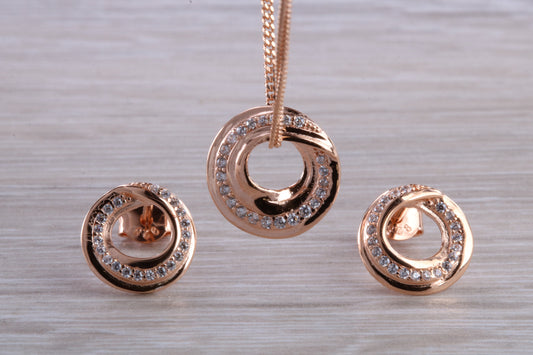 Rose Gold Necklace and Matching Stud Earrings set with Diamond White C Z