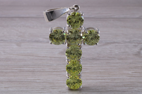 Very Large and Chunky Sterling Silver Peridot C Z set Cross Necklace