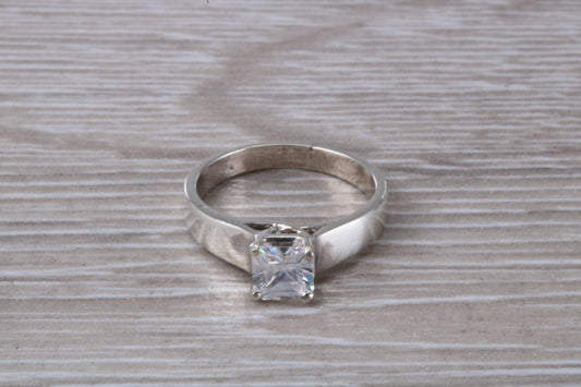 Simple and very elegant real Diamond look ring, sterling silver set with Princess cut diamond look C Z, Ideal promise, dress engagement ring