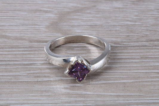 Amethyst ring, sterling silver set with Princess cut Amethyst Cubic Zirconia, Ideal promise, dress engagement ring