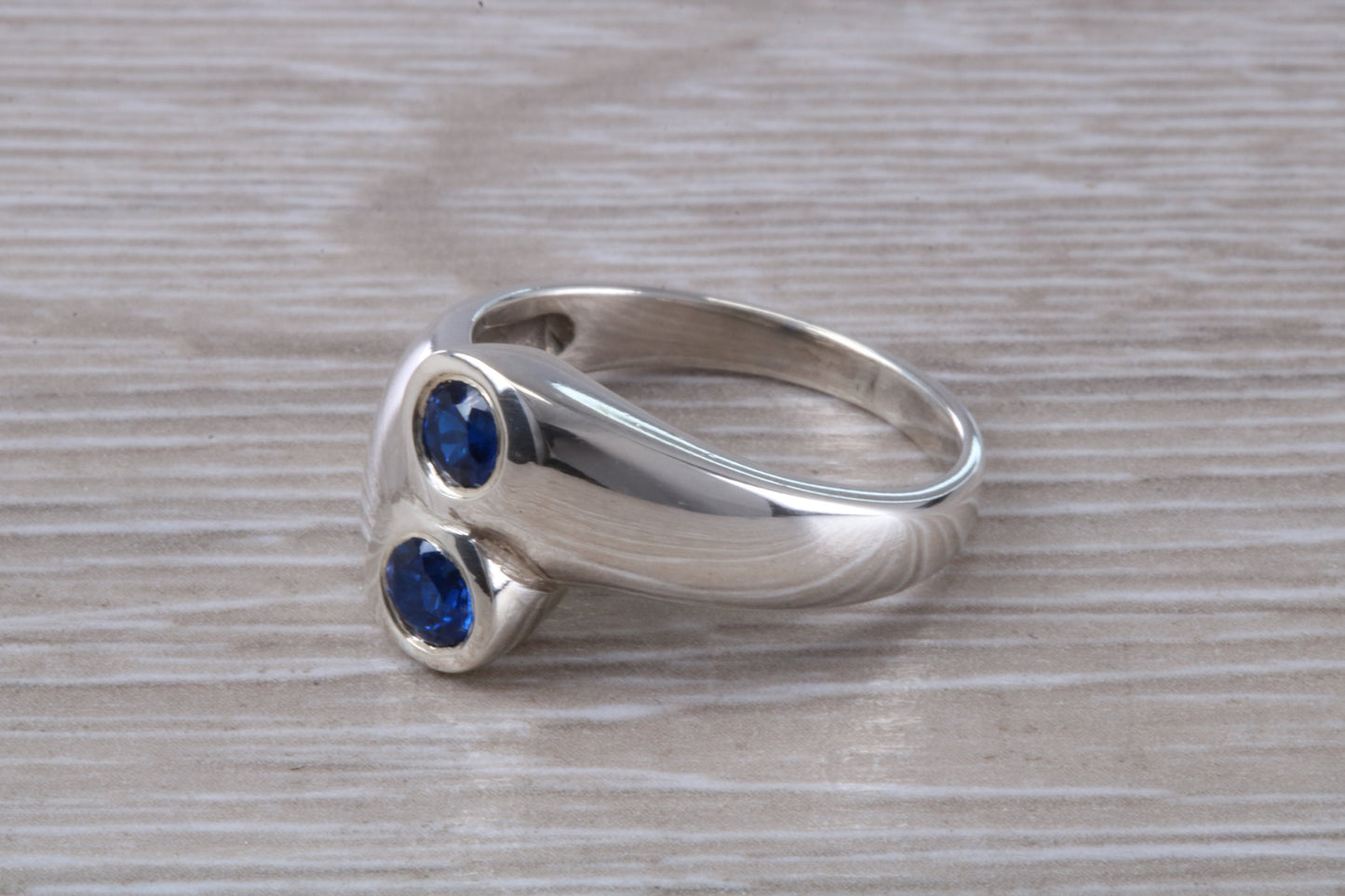 Chunky Blue Sapphire ring, sterling silver set with 2 round Blue Sapphire Cubic Zirconia, Ideal promise, dress engagement ring