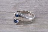 Chunky Blue Sapphire ring, sterling silver set with 2 round Blue Sapphire Cubic Zirconia, Ideal promise, dress engagement ring