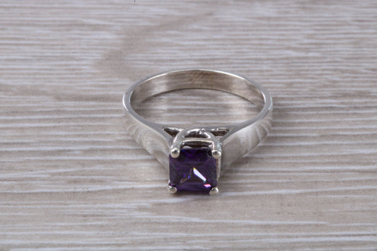 Amethyst ring, sterling silver set with Princess cut Amethyst Cubic Zirconia, Ideal promise, dress engagement ring