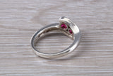 Ruby ring, crossover styled, sterling silver set with two round cut Ruby Cubic Zirconia, Ideal promise, dress engagement ring
