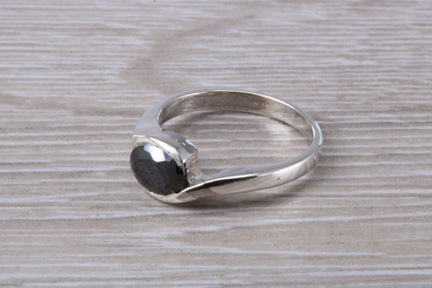 Black Diamond look ring, sterling silver set with oval cut Black Diamond look C Z, Ideal promise, dress engagement ring