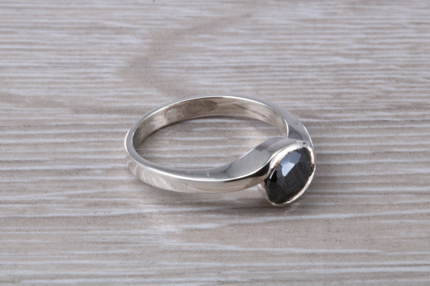 Black Diamond look ring, sterling silver set with oval cut Black Diamond look C Z, Ideal promise, dress engagement ring