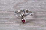 Ruby and Diamond look ring, sterling silver set with round cut Ruby and Diamond Cubic Zirconia, Ideal promise, dress engagement ring