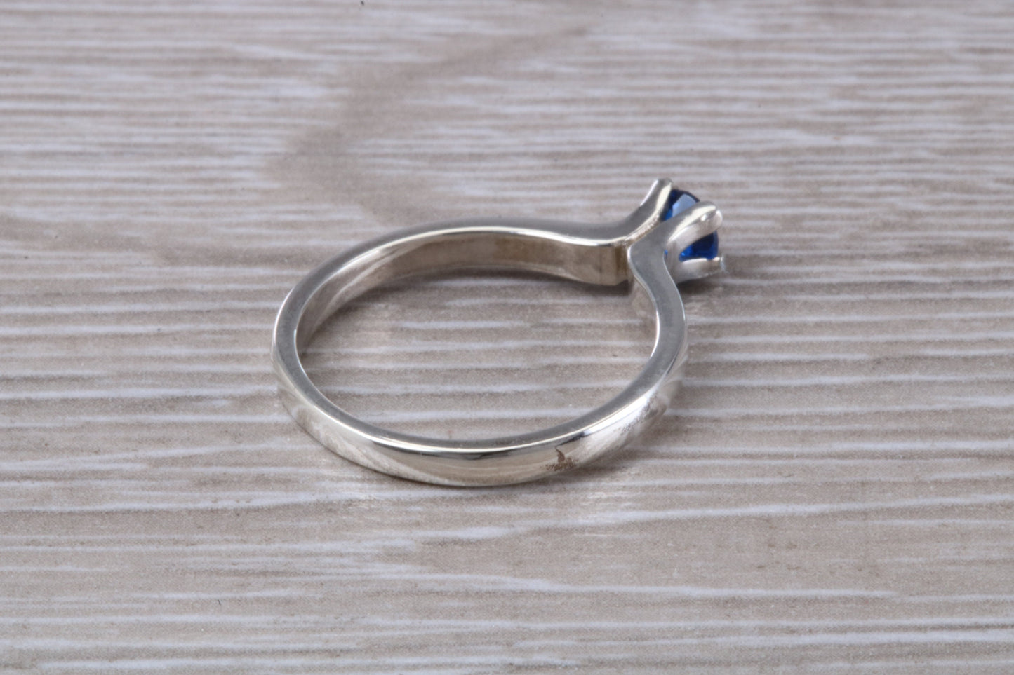 Simple and very elegant real Blue Sapphire look ring, sterling silver set with round Sapphire C Z