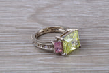 Dressy real Diamond look ring, sterling silver set with Peridot and Diamond look Cubic Zirconia, Ideal promise, dress engagement ring