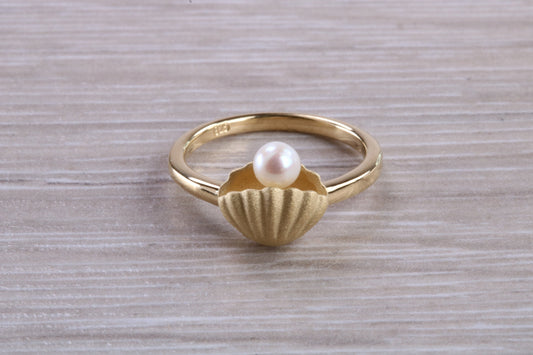 Real Pearl set Shell Ring, made from solid sterling silver with 18ct Yellow Gold plating, suitable for all ages