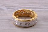 Sterling Silver Rose Gold 7 mm wide band, 18ct Rose and Rhodium Gold plated and set with Diamond White C Z