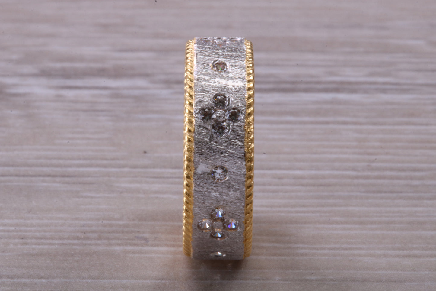 Sterling Silver Gold 7 mm wide band, 18ct Yellow Gold plated and set with Diamond White C Z