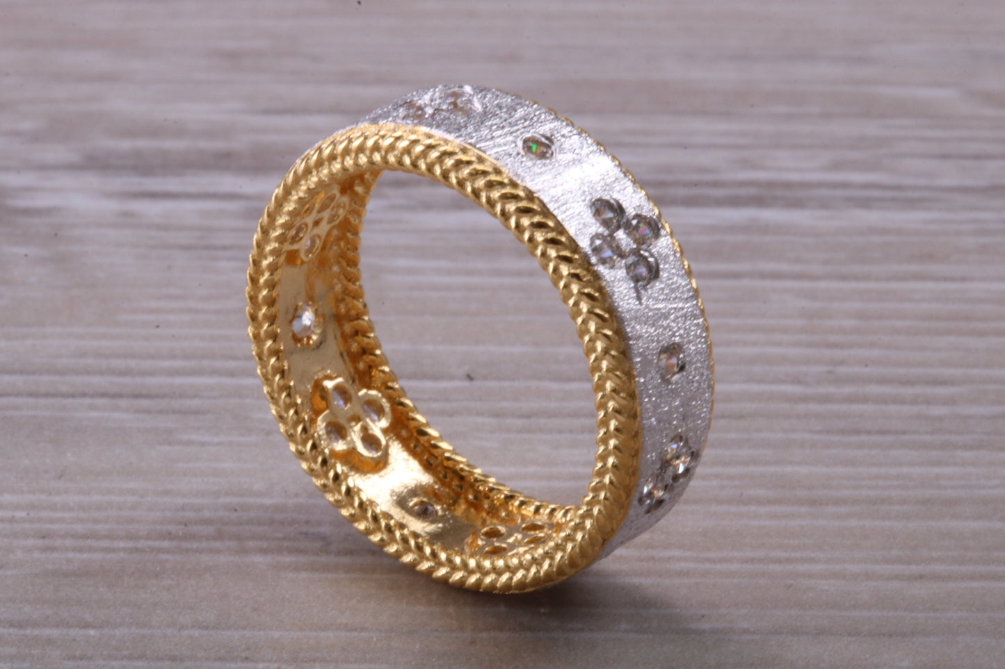 Sterling Silver Gold 7 mm wide band, 18ct Yellow Gold plated and set with Diamond White C Z