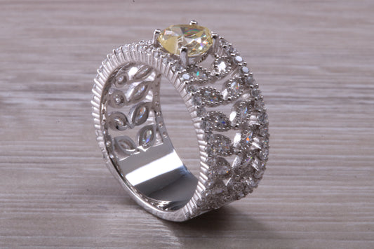 Beautiful and absolutely stunning ring, set with top grade Diamond White and Yellow C Z, Rhodium plated