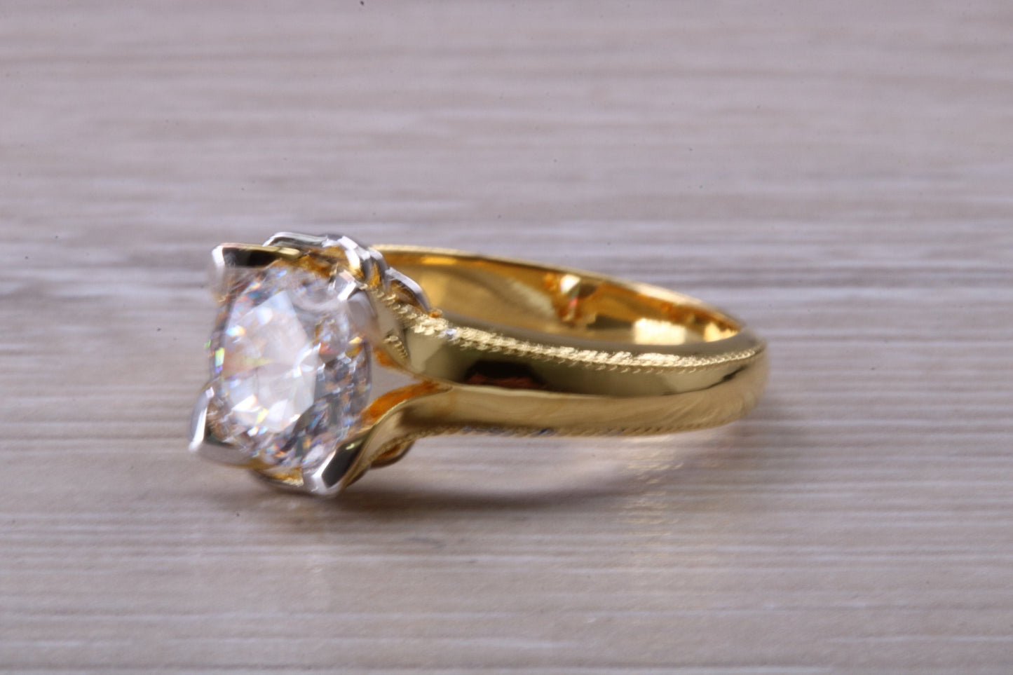 Large Two ct size Diamond White C Z ring, Beautiful and absolutely stunning ring, Sterling Silver with 18ct Yellow Gold Plating