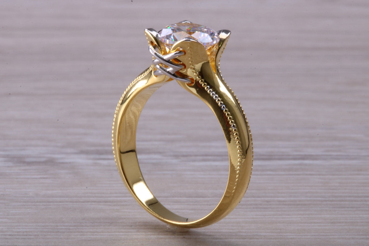 Large Two ct size Diamond White C Z ring, Beautiful and absolutely stunning ring, Sterling Silver with 18ct Yellow Gold Plating