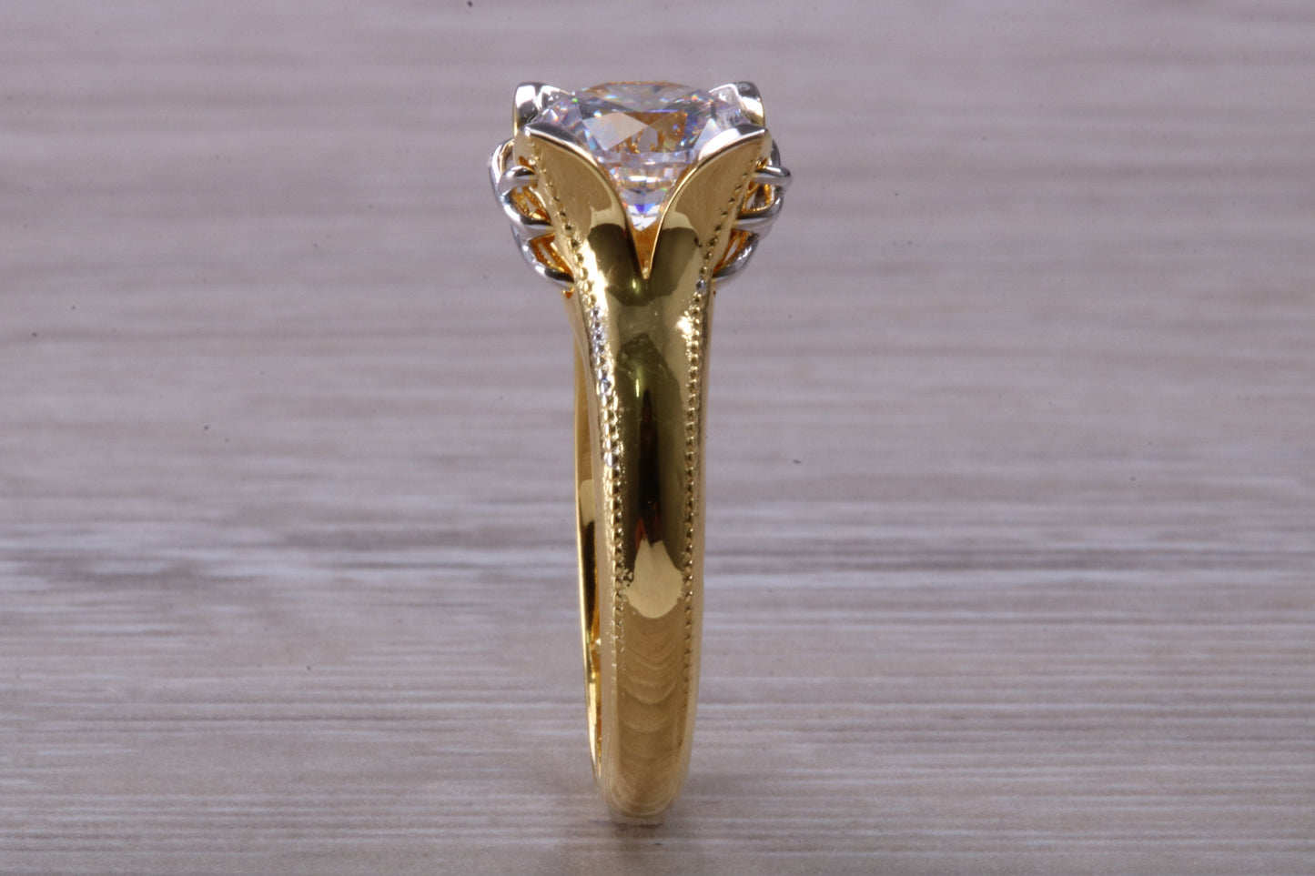 Large Two ct size Diamond White C Z ring, Beautiful and absolutely stunning ring, Sterling Silver with 18ct Yellow Gold Plating