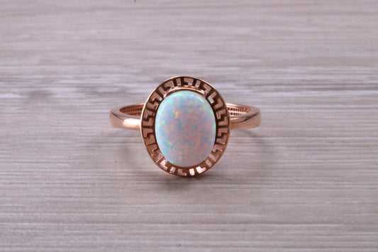 Rose Gold Opal set ring, solid 9ct Rose Gold, British Hallmarked, very fiery oval cut Cultured Opal