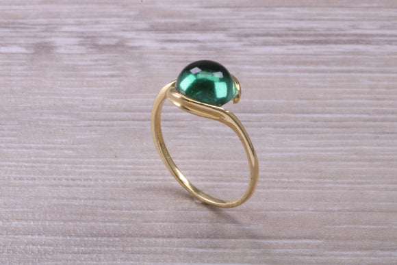 Beautiful Cabochon cut cultured Emerald ring, solid 9ct Yellow Gold, British hallmarked, Dainty and very colourful ring