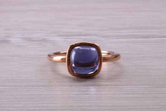 Beautiful Cabochon cut Iolite ring, solid chunky ring, made from solid 9ct Rose Gold, British hallmarked, natural Iolite