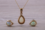 Fiery Natural Opal Earrings and Necklace Set, Solid 9ct Yellow Gold