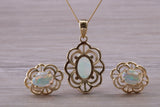 Fiery Natural Opal Earrings and Necklace Set, Solid 9ct Yellow Gold