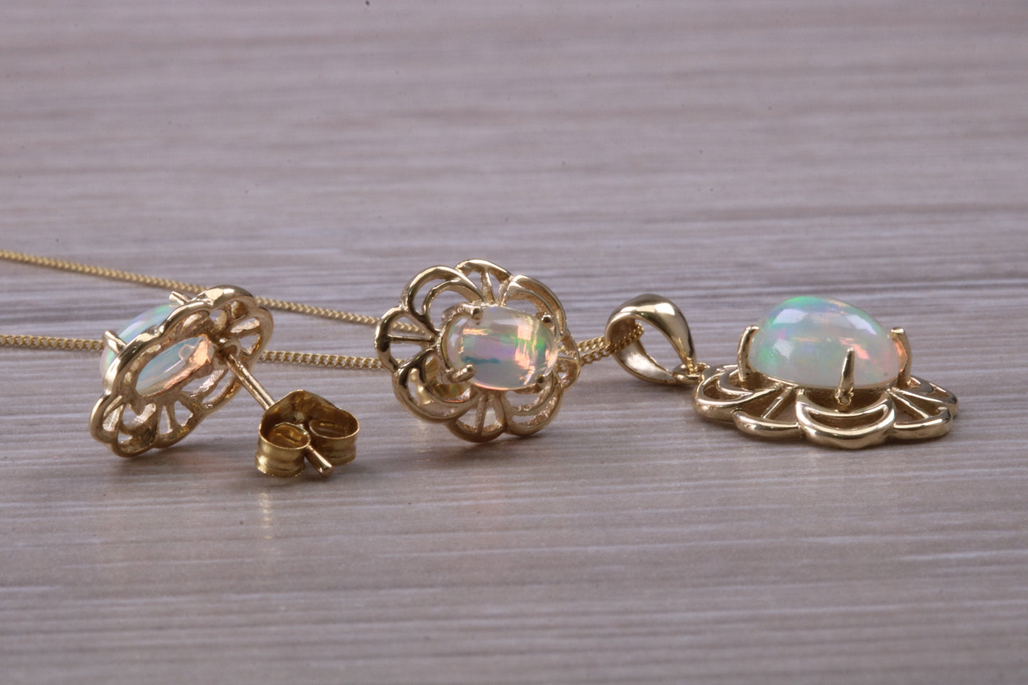 Fiery Natural Opal Earrings and Necklace Set, Solid 9ct Yellow Gold