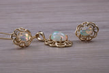 Fiery Natural Opal Earrings and Necklace Set, Solid 9ct Yellow Gold