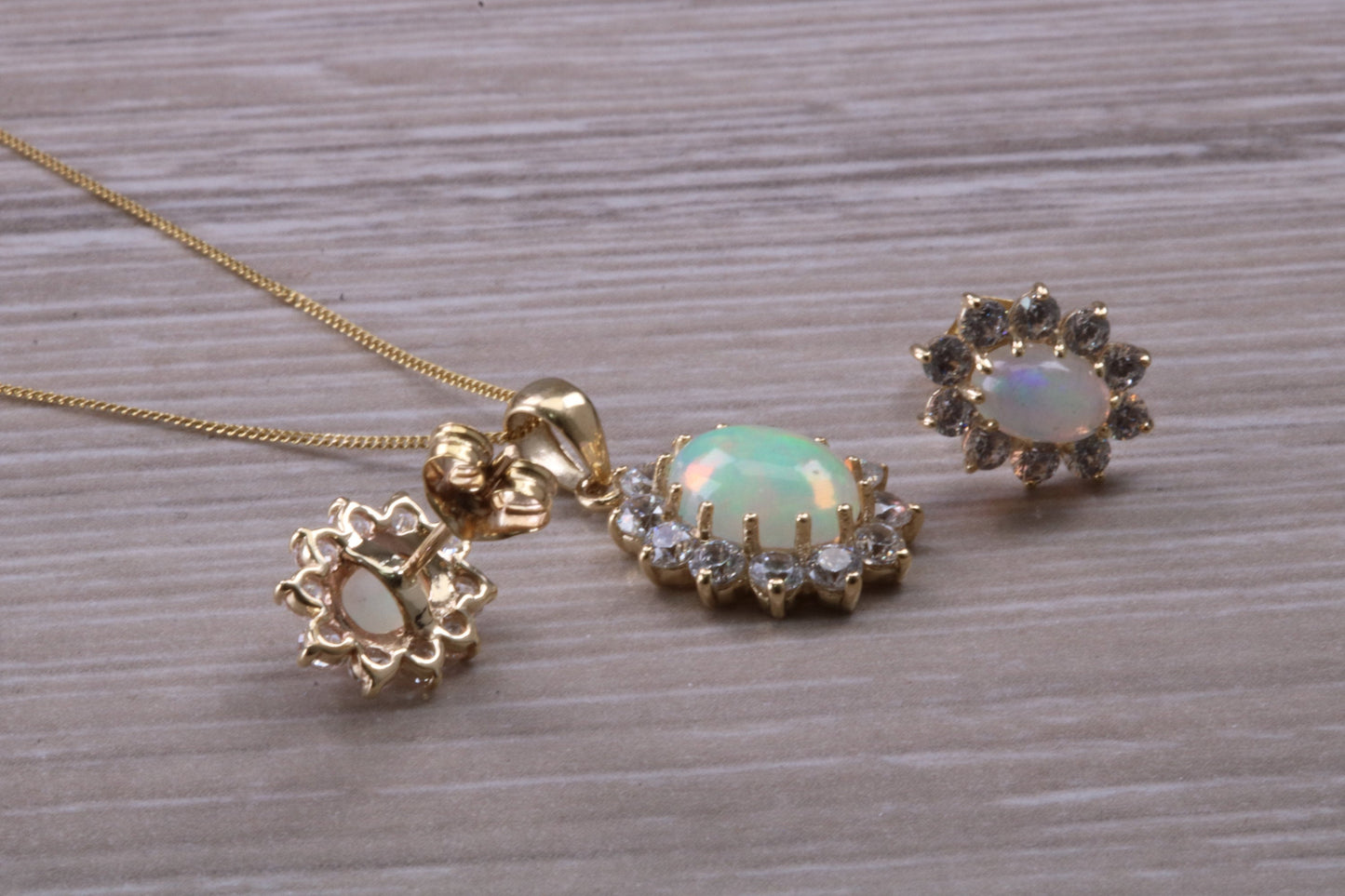 Fiery Natural Opal Earrings and Necklace Set, Solid 9ct yellow gold