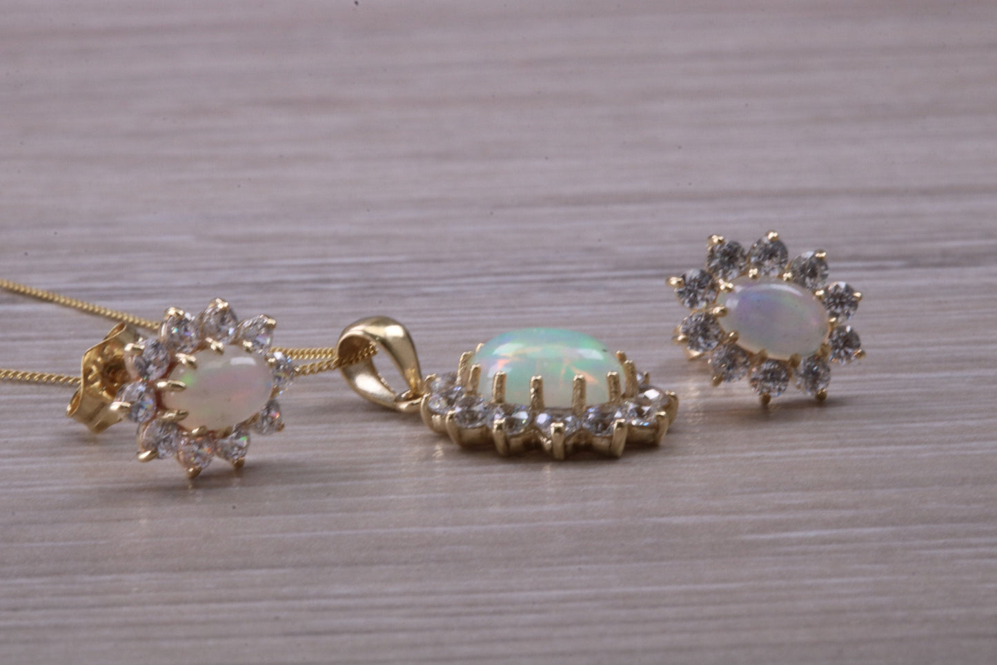Fiery Natural Opal Earrings and Necklace Set, Solid 9ct yellow gold