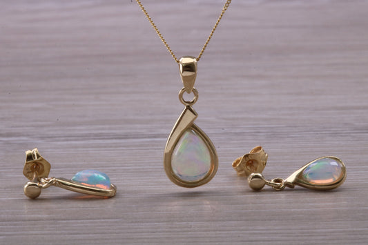 Fiery Natural Opal Dropper Earrings and Necklace Set, Solid 9ct Yellow Gold