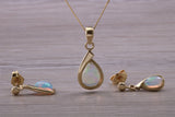 Fiery Natural Opal Dropper Earrings and Necklace Set, Solid 9ct Yellow Gold