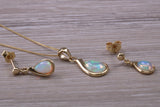 Fiery Natural Opal Dropper Earrings and Necklace Set, Solid 9ct Yellow Gold