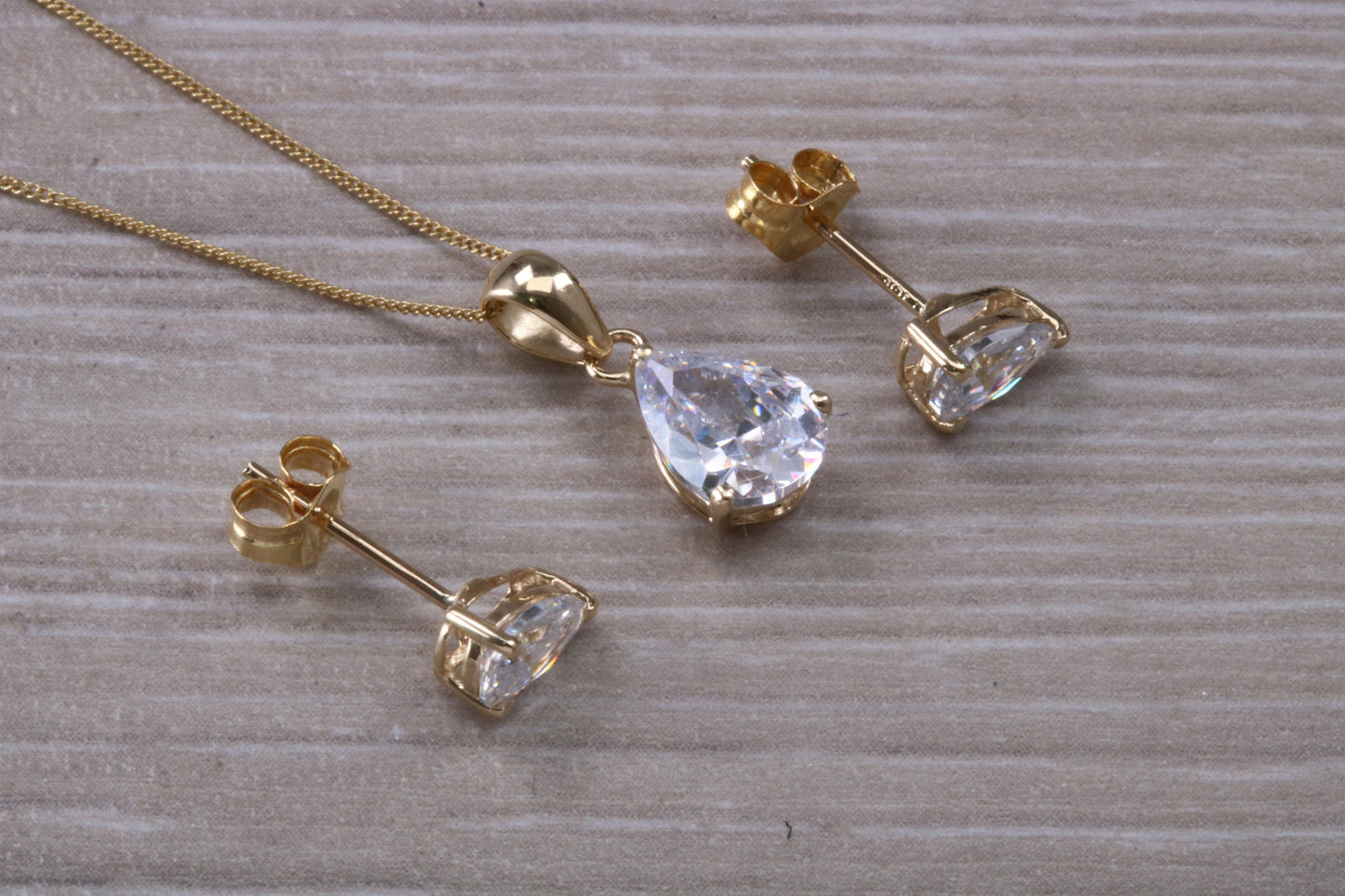 Teardrop cut Earrings and Necklace Set, Solid 9ct Yellow Gold