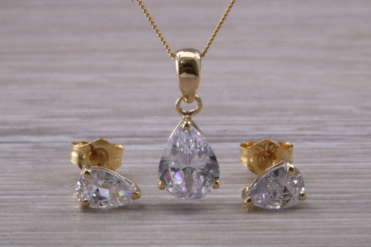 Teardrop cut Earrings and Necklace Set, Solid 9ct Yellow Gold