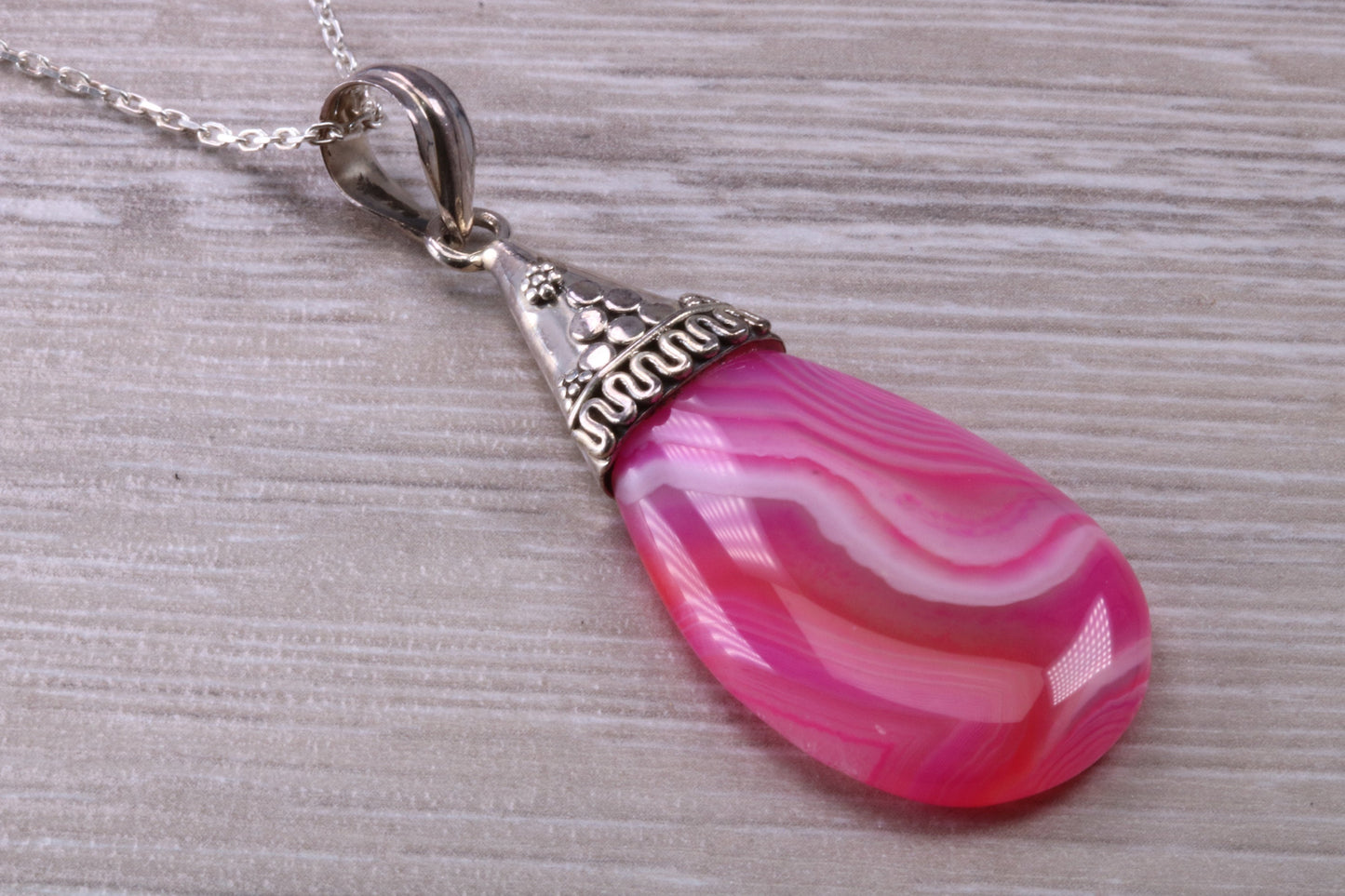 Large Pink Agate set Silver Necklace