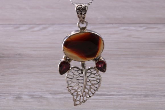 Large Brown Agate and Garnet Necklace set in Sterling Silver