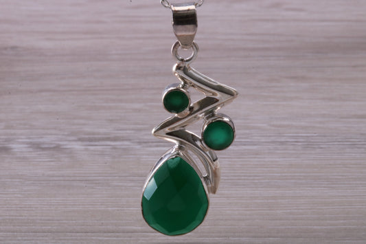 Very Large Green Agate and Emerald C Z Necklace in Sterling Silver