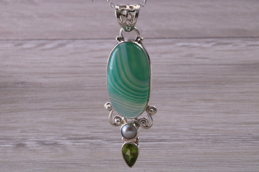 Large Green Agate, Peridot and Pearl Necklace in Sterling Silver