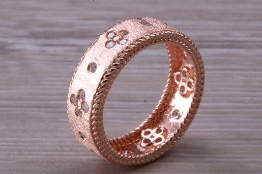 Sterling Silver Rose Gold 7 mm wide band, 18ct Rose Gold plated and set with Diamond White C Z