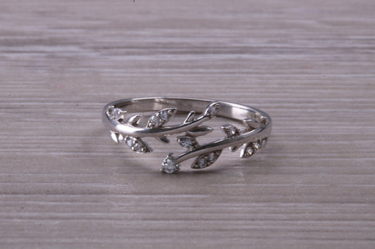 9ct White Gold and Diamond White C Z set Leaf Abstract ring, made from solid 9ct Yellow Gold, British hallmarked