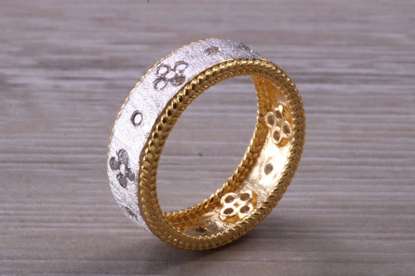 Sterling Silver Gold 7 mm wide band, 18ct Yellow Gold plated and set with Diamond White C Z